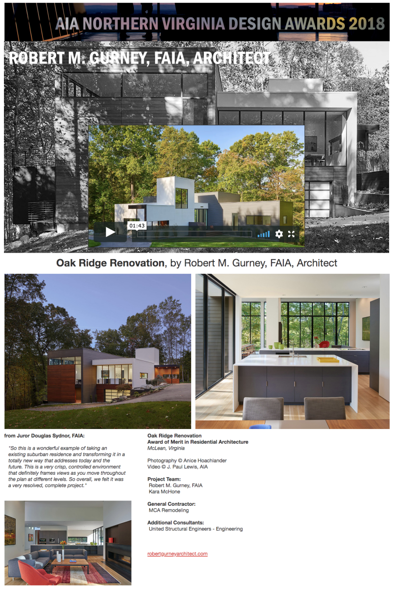 AIA of Northern Virginia 2018 Award of Merit in Residential Architecture to Robert Gurney, FAIA